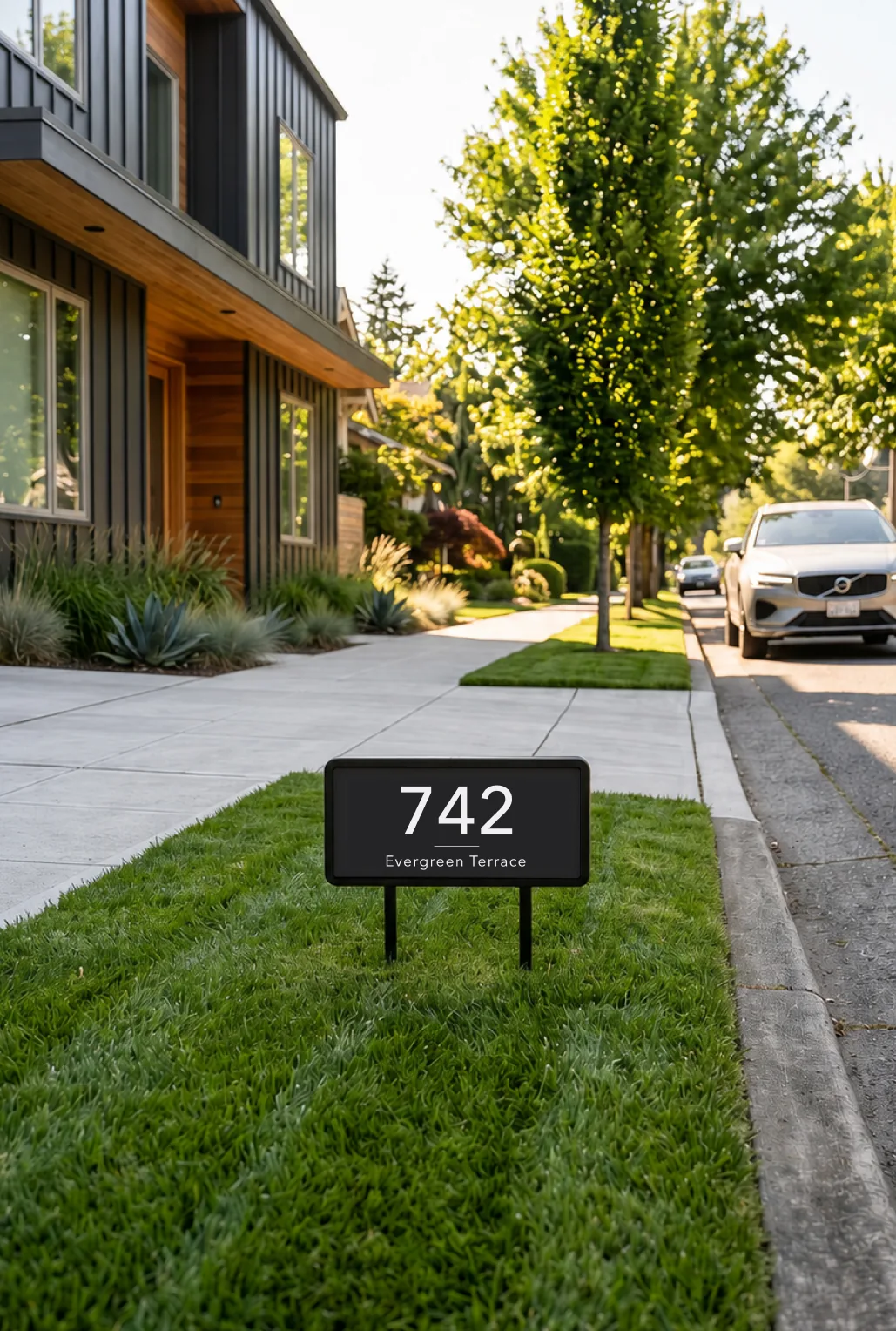 A WayFrame sign standing knee-high on a front lawn beside a driveway, its dark e-paper face reading 742 Evergreen Terrace.